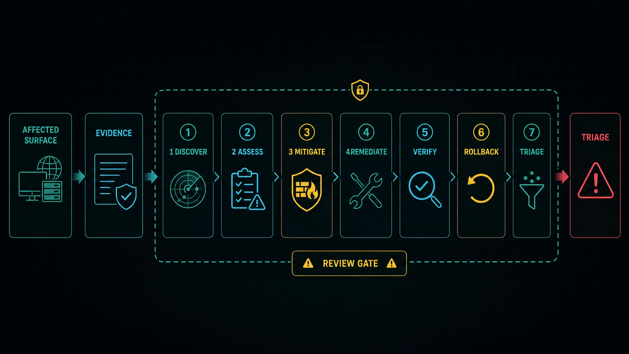 A CVE record flows through affectedness checks, a bounded AI agent plan, verification, rollback evidence, and human review